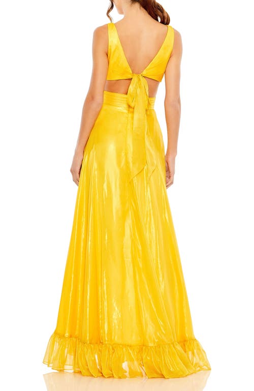 Mac Duggal Sleeveless Cut Out High Low Ruffle Gown In Marigold