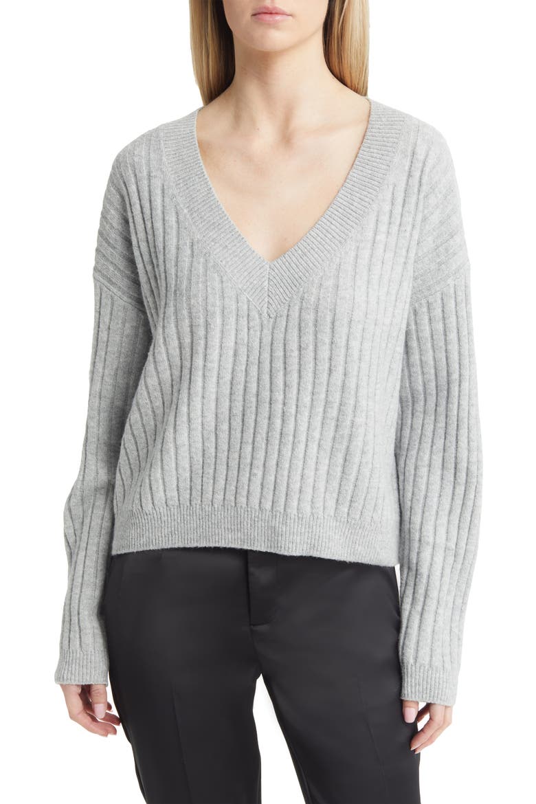 V-Neck Rib Sweater, Main, color, GREY HEATHER