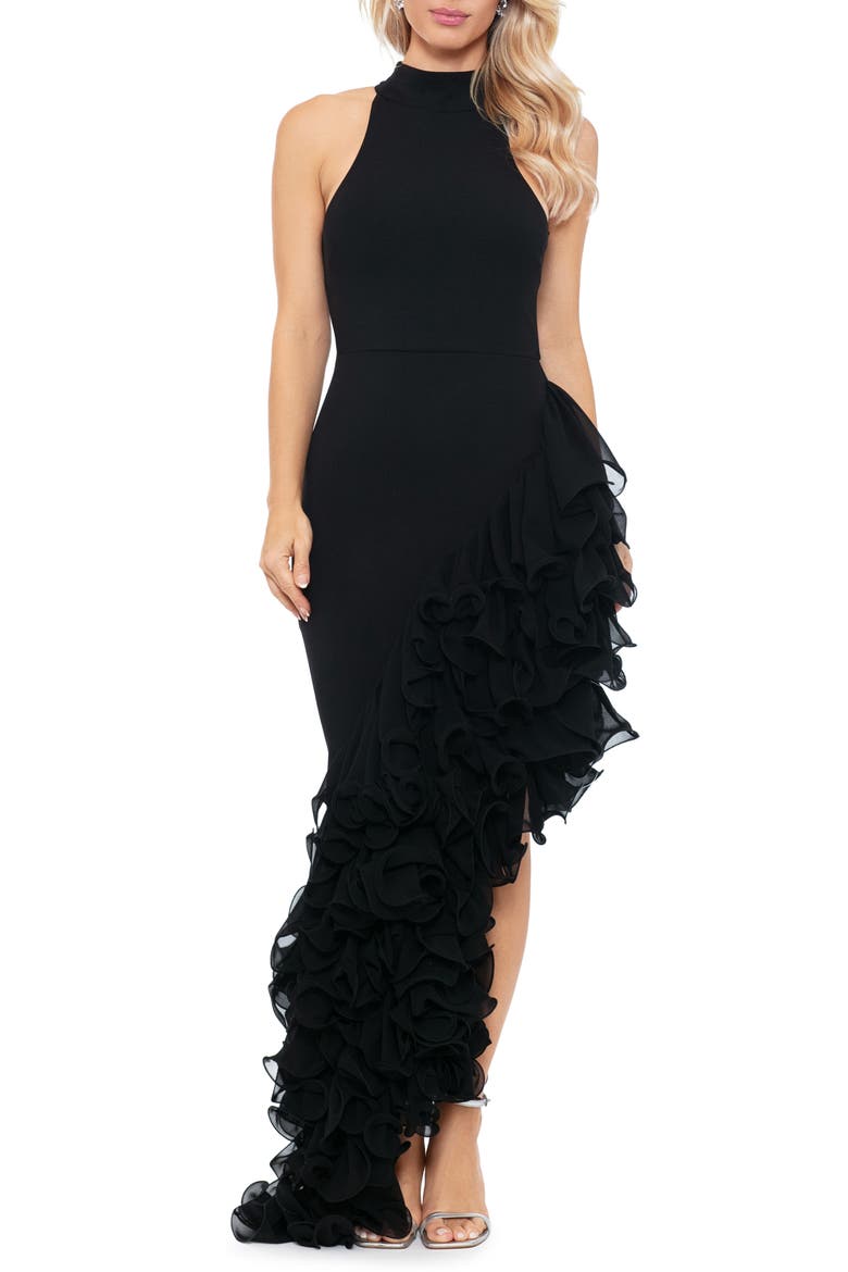 Ruffle Detail Asymmetric Body-Con Ponte Gown, Main, color, BLACK