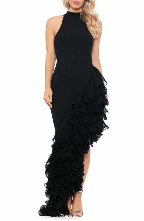 Betsy & Adam Ruffle Detail Asymmetric Body-Con Ponte Gown