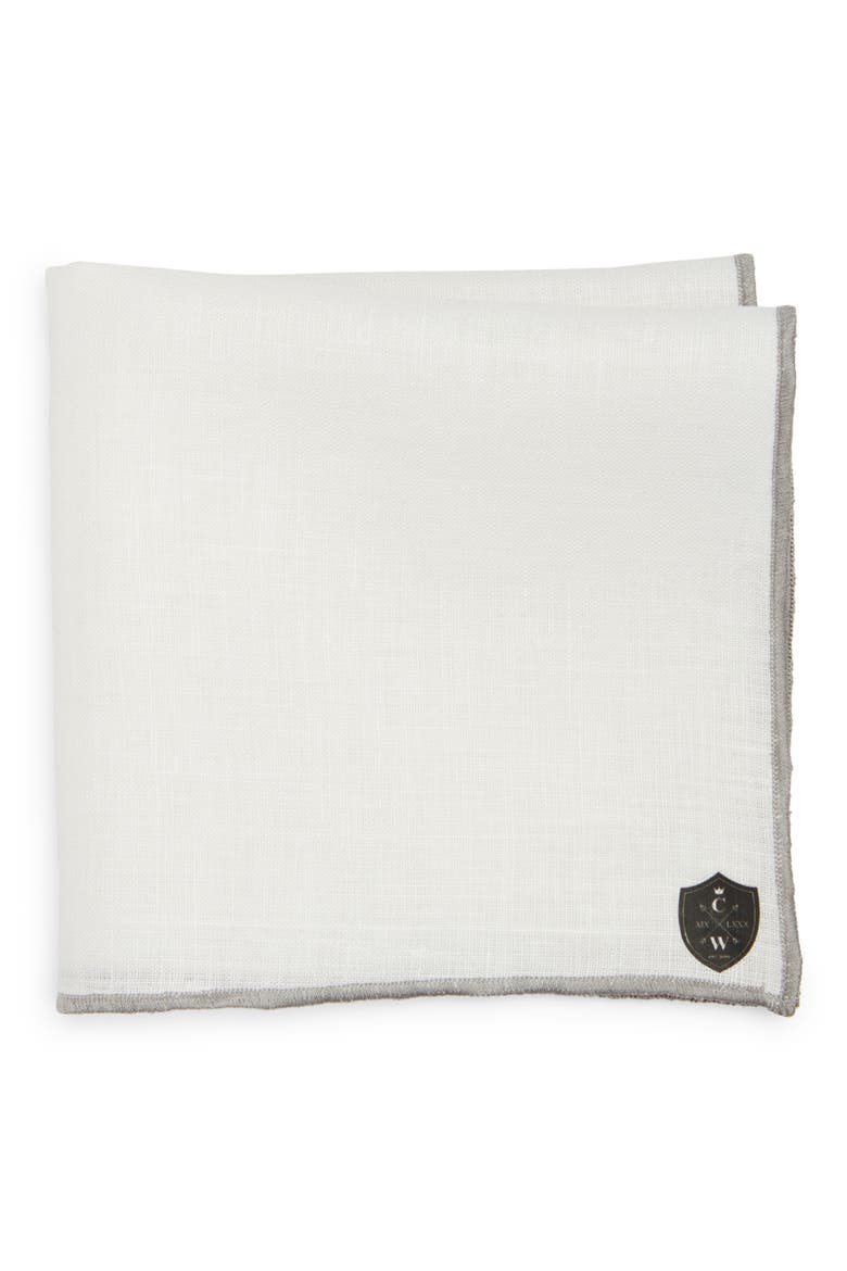 White Linen Pocket Square with Grey Trim, Main, color, GREY