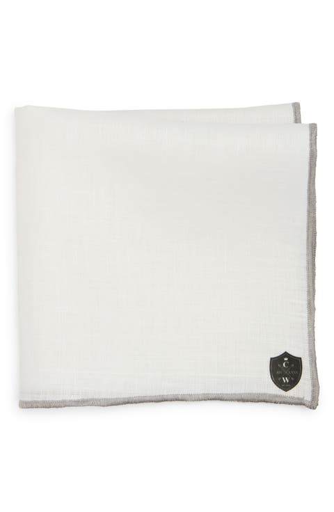 White Linen Pocket Square with Grey Trim
