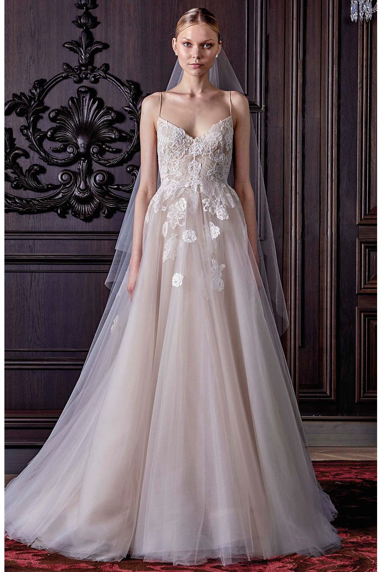 Severine Chantilly Lace & Tulle Gown, Main, color, SILK WHITE/ NUDE