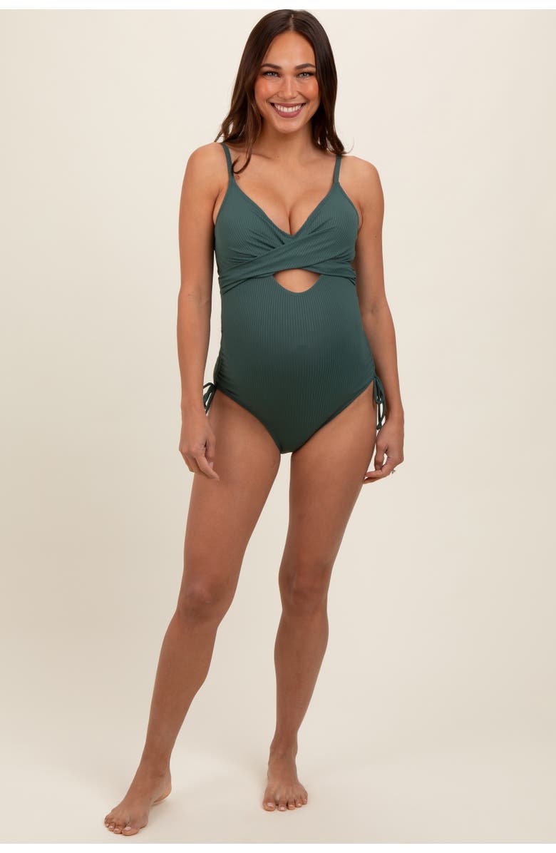 PinkBlush Ribbed Wrap Front Drawstring Side One-Piece Swimsuit, Alternate, color, Olive Green