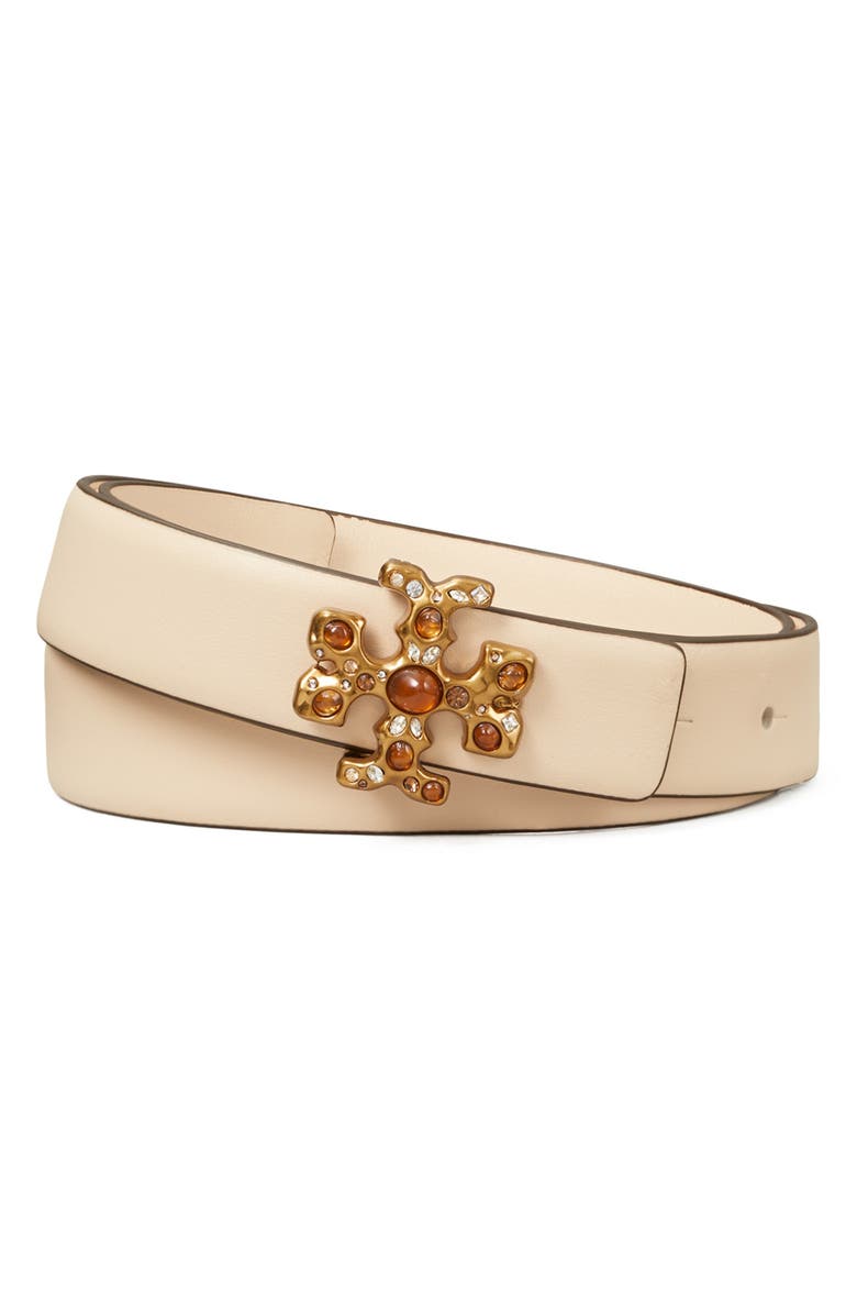 Tory Burch Kira Embellished Logo Belt, Main, color, New Cream