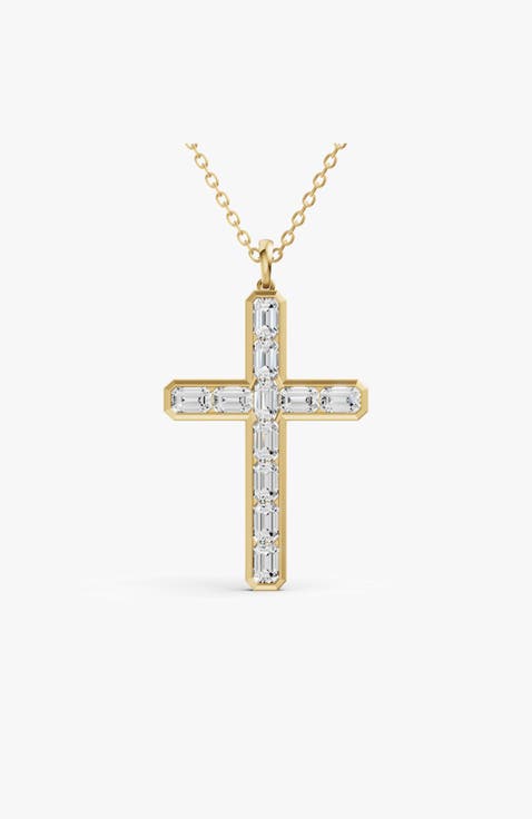 14K Gold 4 ct Sereia Emerald Cross Lab Diamond Pendant
