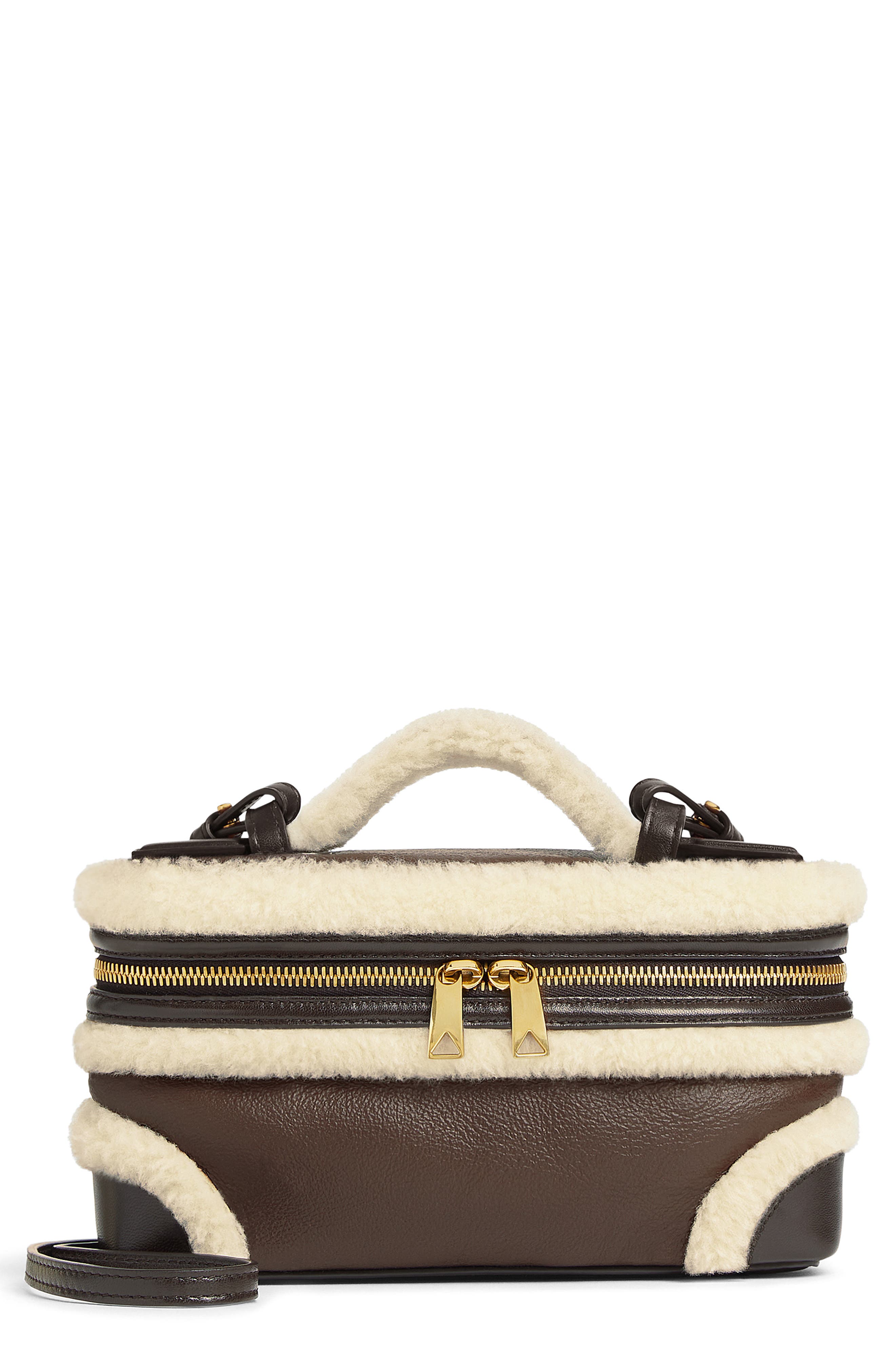 Bottega Veneta Bang Bang Genuine Shearling Trim Leather Vanity Case, Main, color, 2055 Light Brown Teddy