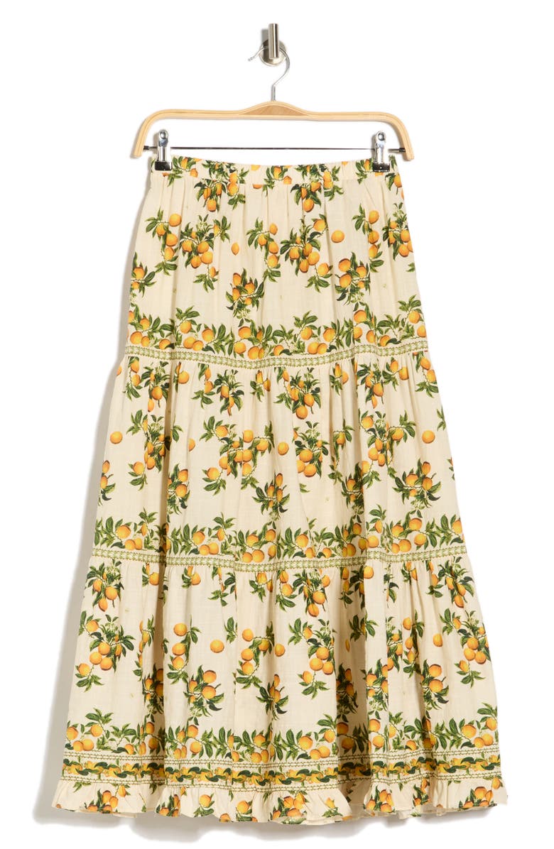 MAX STUDIO Floral Wreath Print Tiered Cotton Blend Maxi Skirt, Alternate, color, Cream/ Orange Blossom