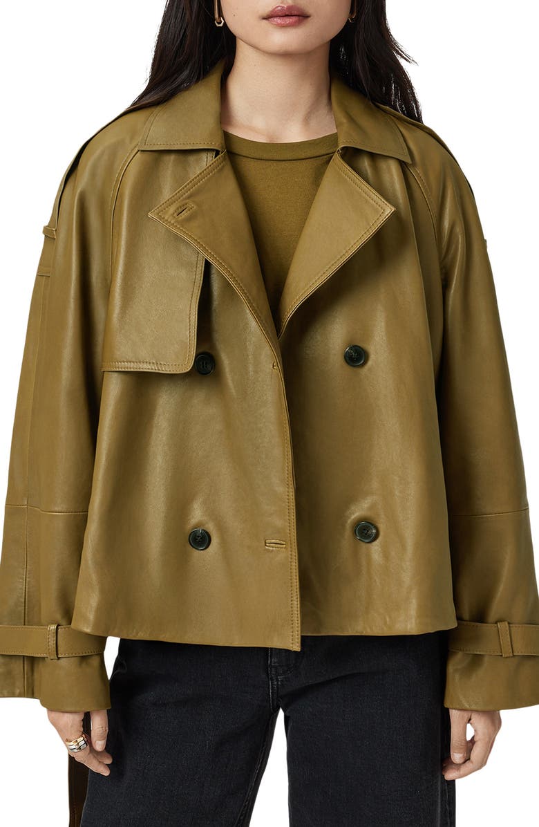 AllSaints Reed Leather Trench Jacket, Main, color, Fango Green