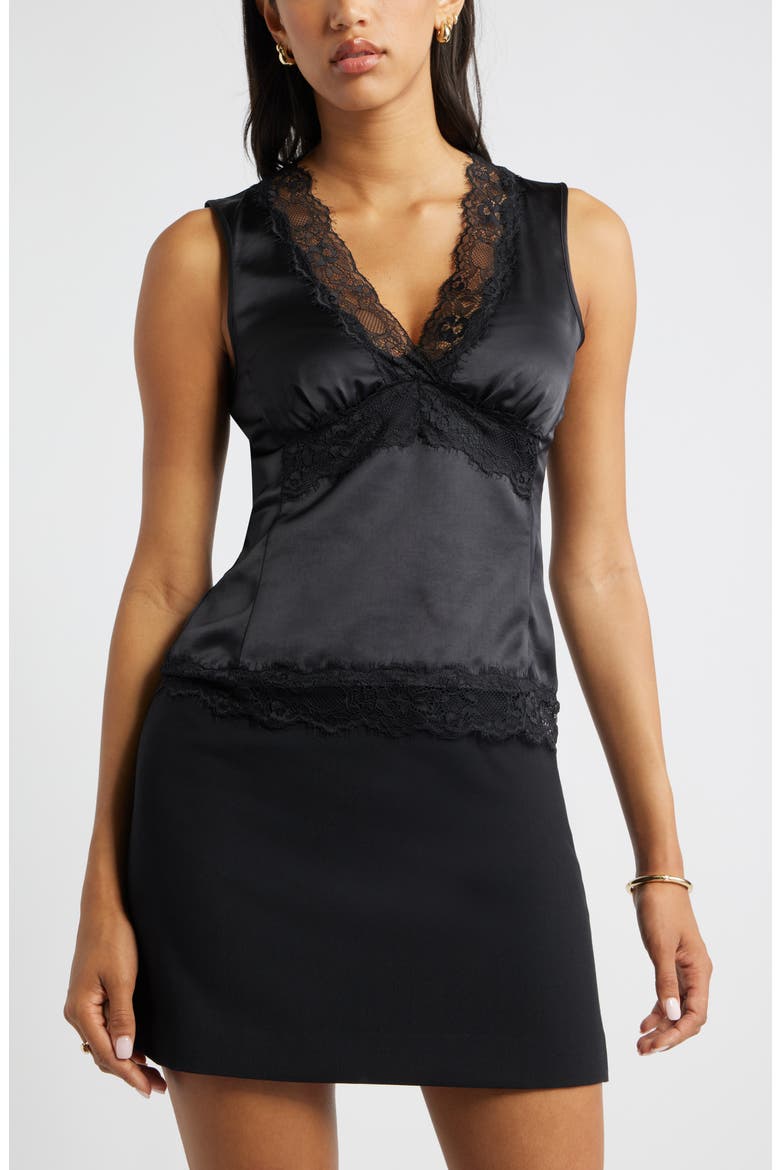 Lace Trim Satin Tank, Main, color, BLACK