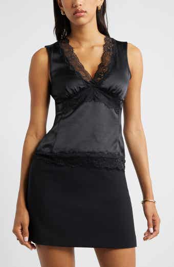 Open Edit Lace Trim Satin Tank