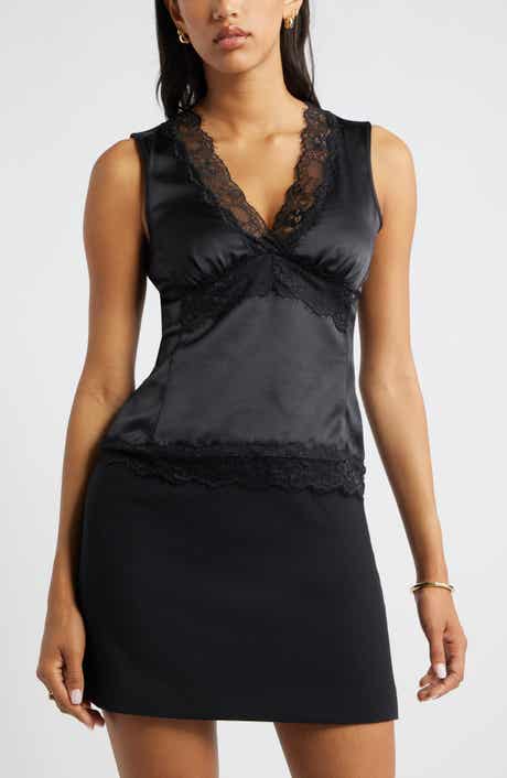 Open Edit Lace Trim Satin Tank