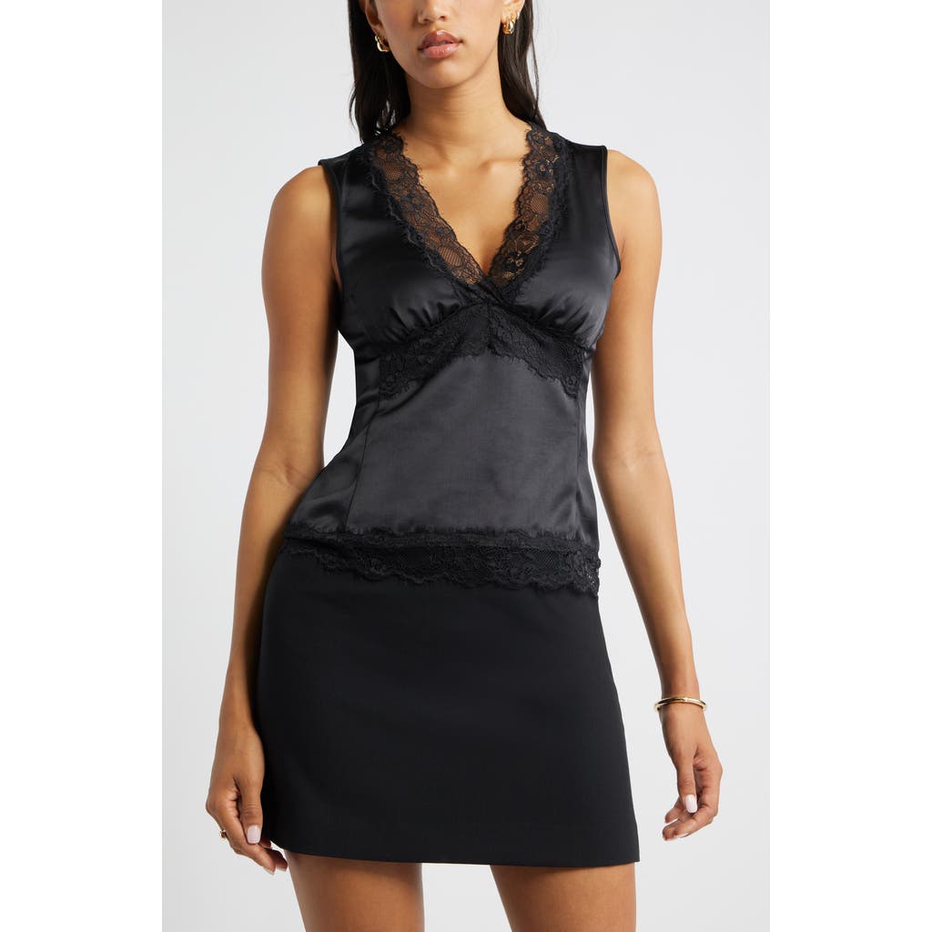 Open Edit Lace Trim Satin Tank In Black