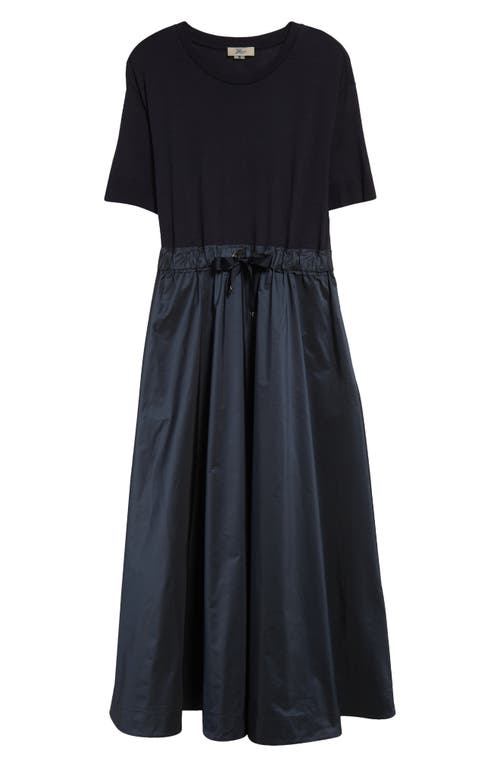 Herno Blue Crewneck Midi Dress With Elastic Drawstring Waist And Panelled Design In Navy