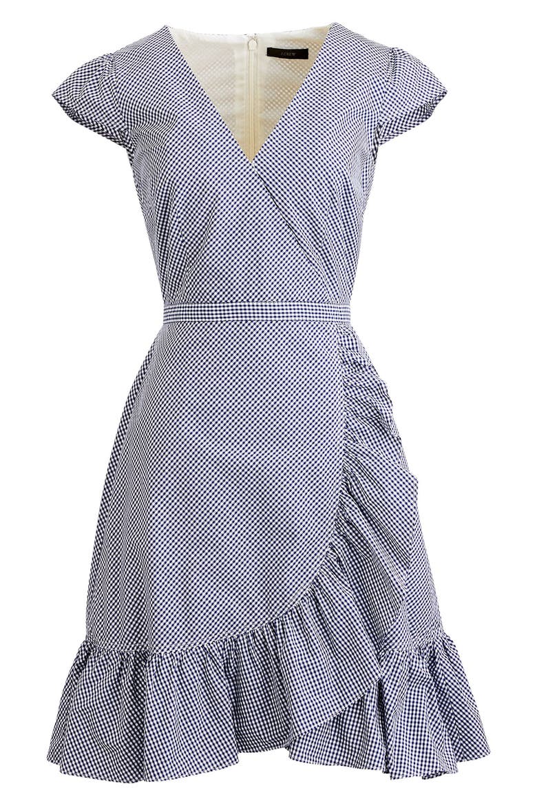 Faux Wrap Gingham Cotton Poplin Minidress, Main, color, NAVY WHITE