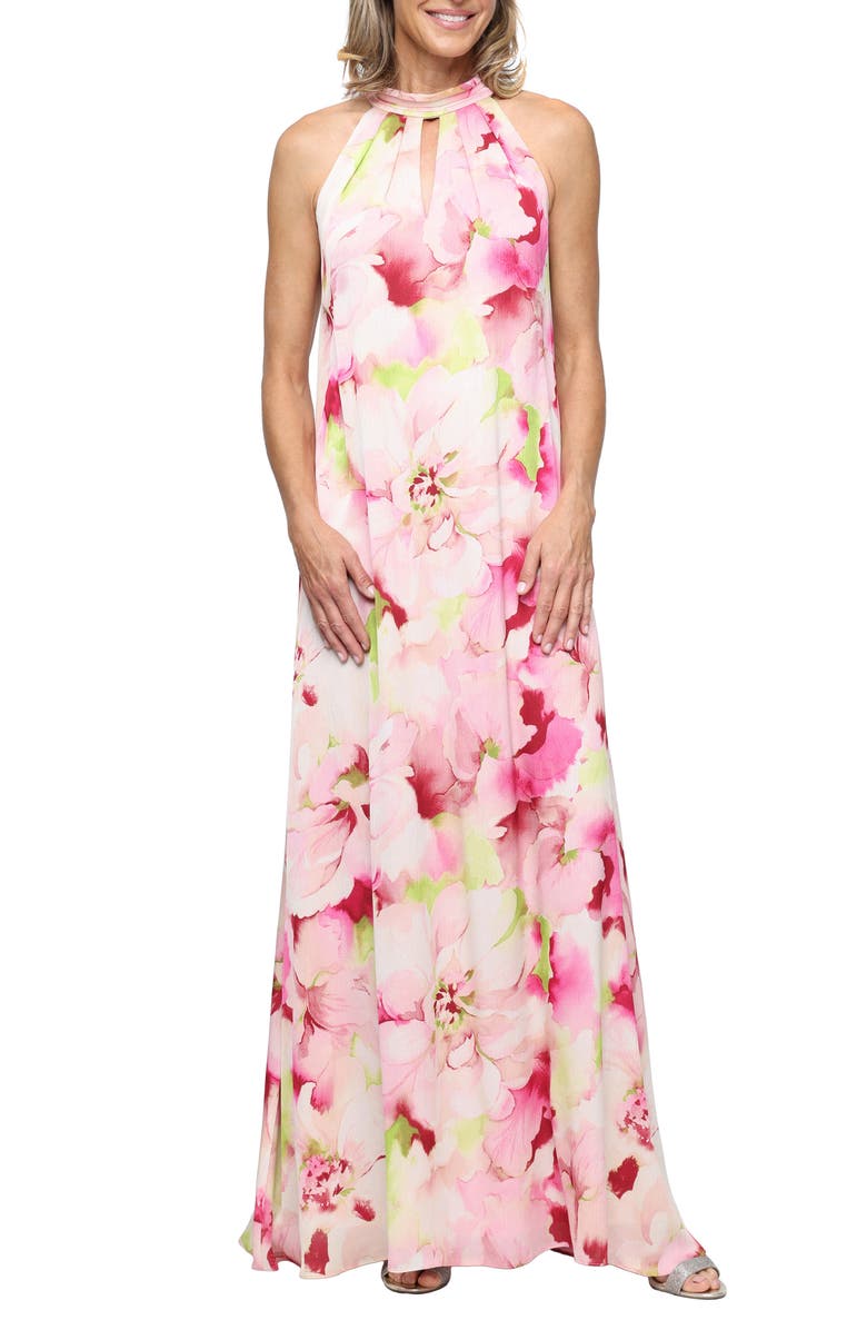 SL FASHIONS Floral Halter Chiffon A-Line Dress, Main, color, Pink Multi