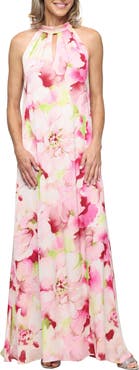 SL FASHIONS Floral Halter Chiffon A-Line Dress