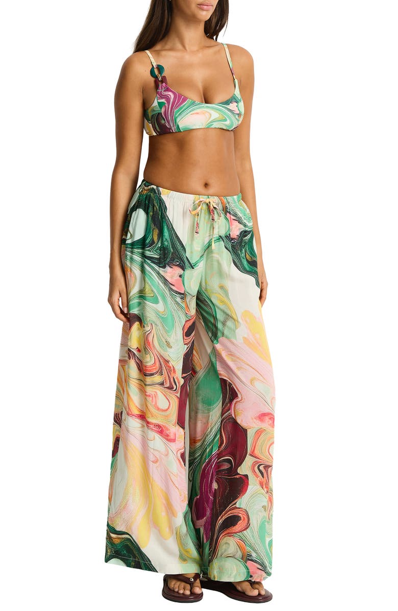 Sea Level Marbleized Print Cover-Up Pants, Alternate, color, Moss