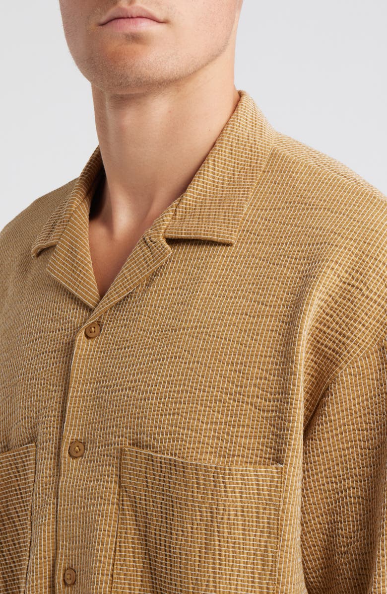 Topman Pinstripe Knit Cotton Blend Camp Shirt, Alternate, color, Mustard