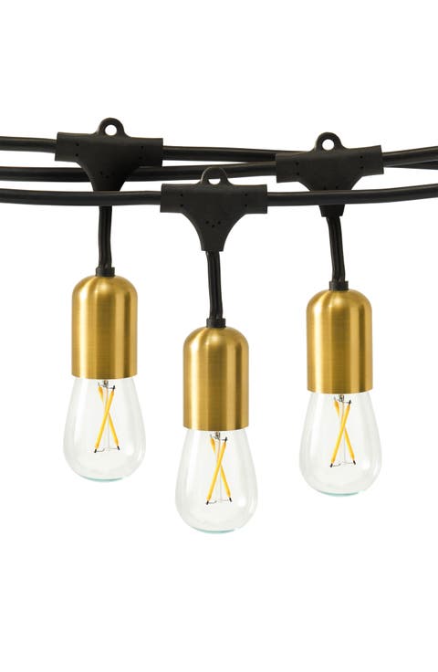 48 ft, 15‑light Plug‑In Heavy Duty LED Outdoor String Lights, Gold Accent Brass Socket and Weatherproof Bulbs