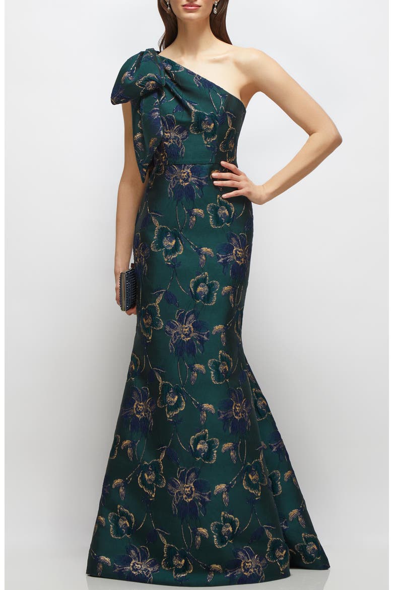 One-Shoulder Metallic Floral Jacquard Trumpet Gown, Main, color, EVERGREEN FLORAL