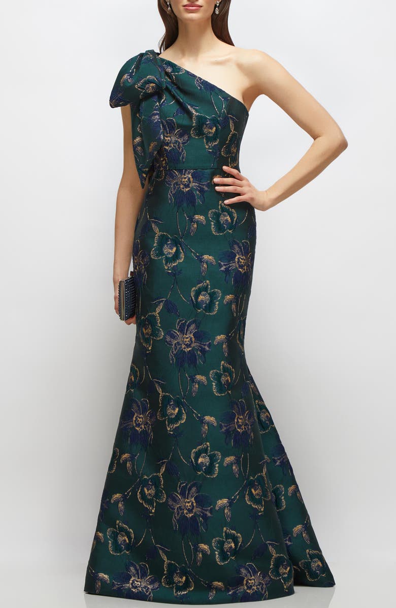 Alfred Sung One-Shoulder Metallic Floral Jacquard Trumpet Gown, Main, color, Evergreen Floral