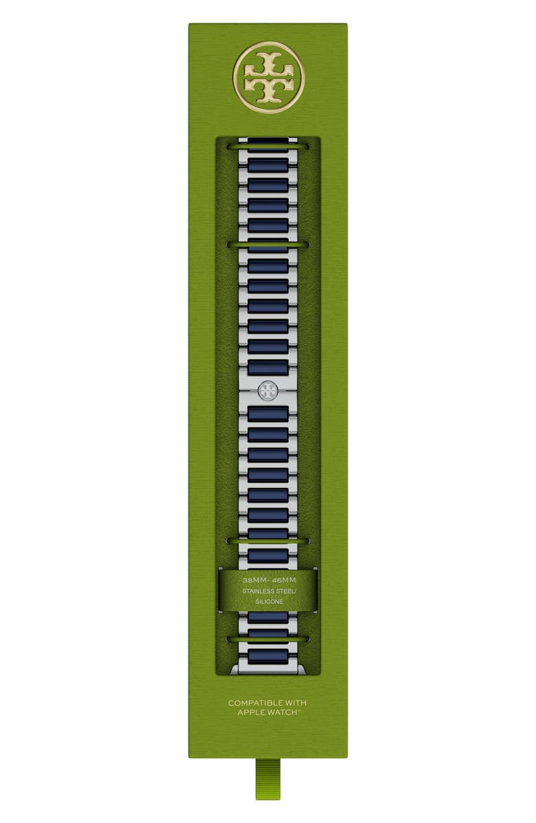 Tory Burch The Kira 18mm Apple Watch<sup>®</sup> Bracelet Watchband, Alternate, color, Navy/ Silver