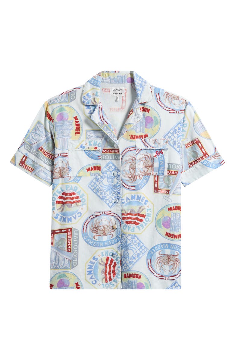 Damson Madder Chlo Holiday Print Cotton & Linen Camp Shirt, Alternate, color, Blue Multi
