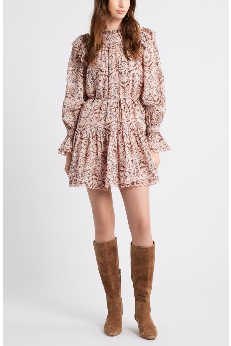 Smocked Lace Long Sleeve Minidress, Main, color, PINK LOTUS WILLOW FLORAL