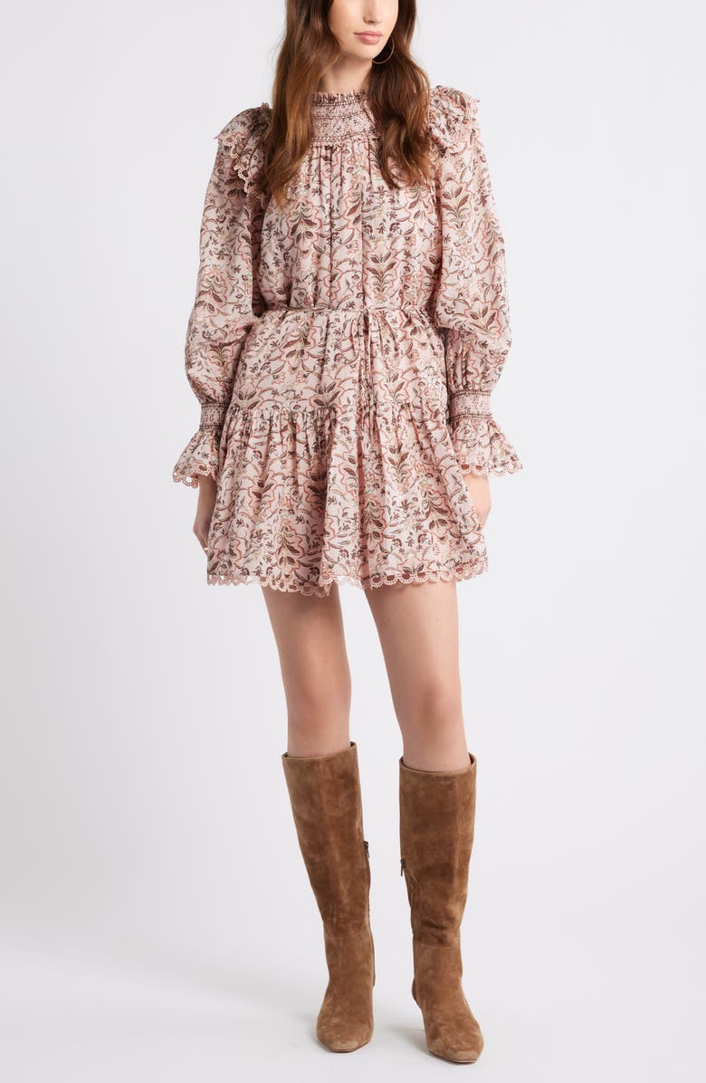 Treasure & Bond Smocked Lace Long Sleeve Minidress, Main, color, Pink Lotus Willow Floral