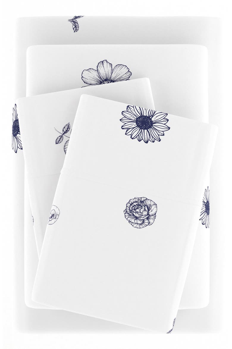 HOME SPUN Premium Ultra Soft Indigo Flowers Pattern 4-Piece Bed Sheet Set, Alternate, color, NAVY