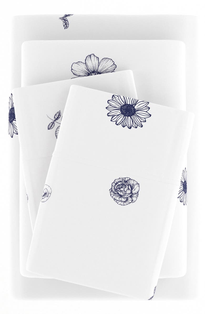 HOMESPUN HOME SPUN Premium Ultra Soft Indigo Flowers Pattern 4-Piece Bed Sheet Set, Alternate, color, Navy