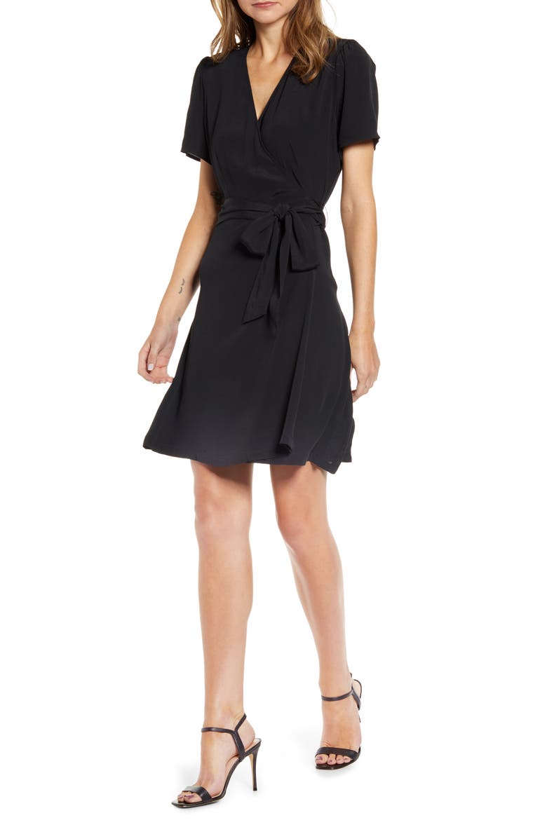 Print Wrap Minidress, Main, color, BLACK
