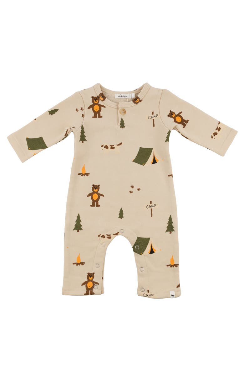 oh baby! Camping Print One Button Romper French Terry- Infant, Main, color, Biscotti
