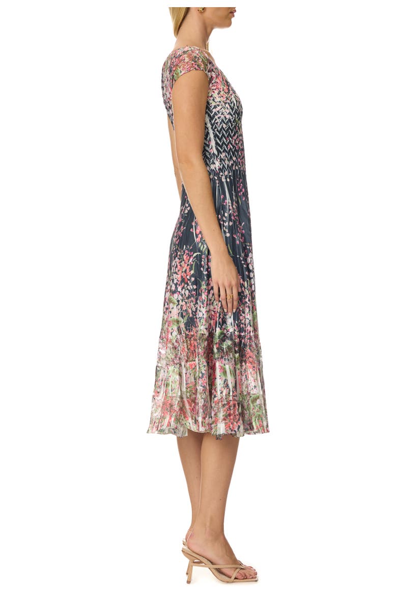 Komarov Border Print Charmuese Dress with Cap Sleeves, Alternate, color, Spider Orchid
