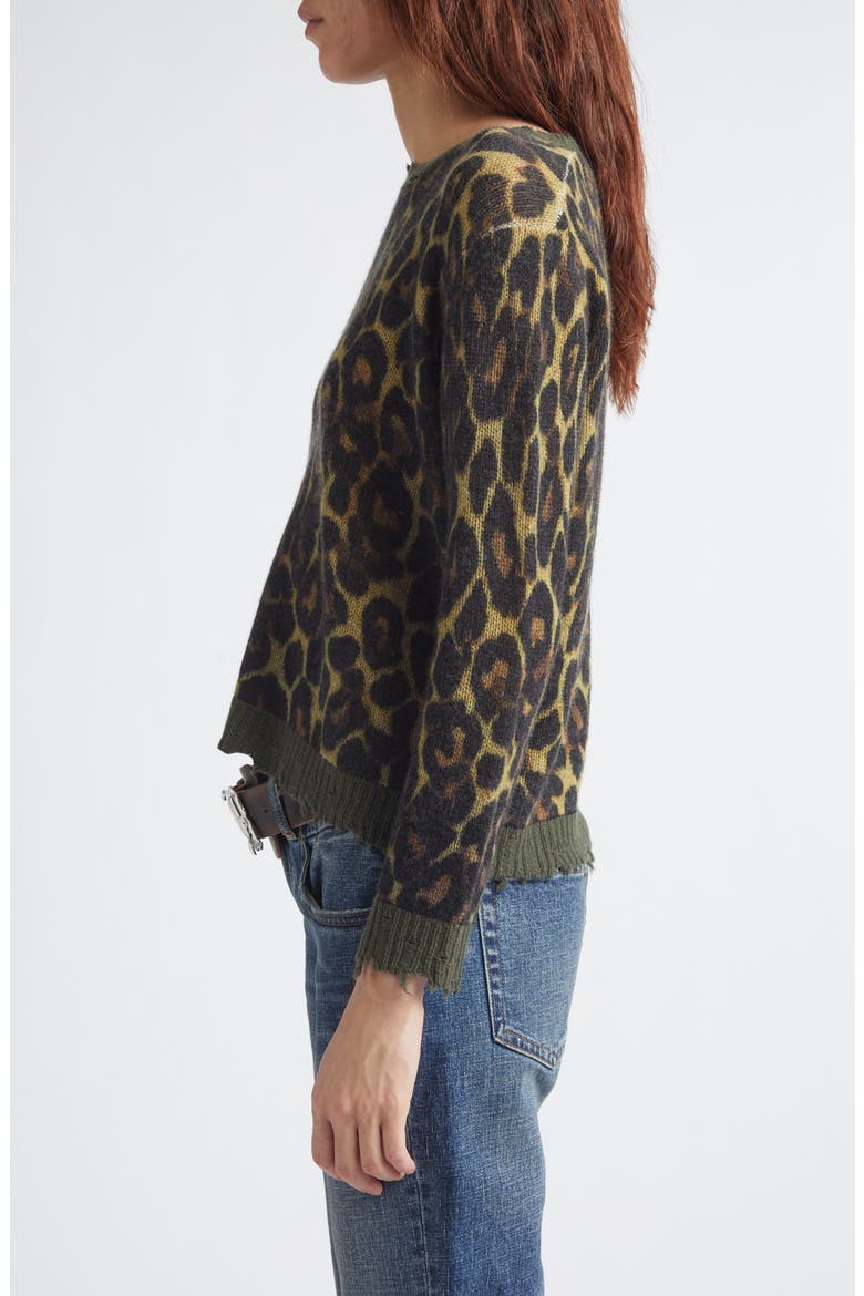Relaxed Fit Distressed Leopard Print Cashmere Crewneck Sweater, Alternate, color, BROWN LEOPARD