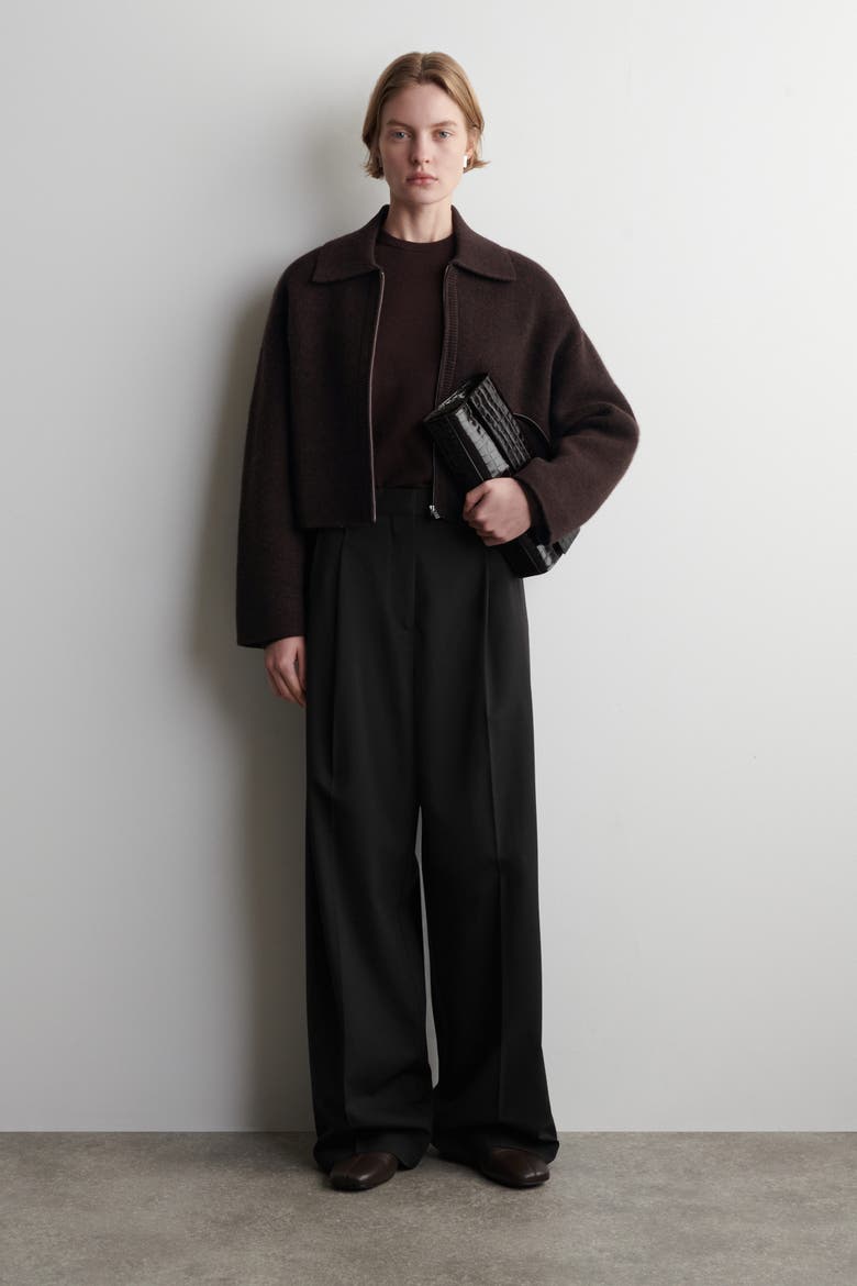 Cropped Knitted Merino Wool Jacket, Alternate, color, DARK-BROWN MÉLANGE