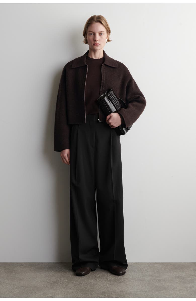 COS Cropped Knitted Merino Wool Jacket, Alternate, color, Dark-Brown Mélange