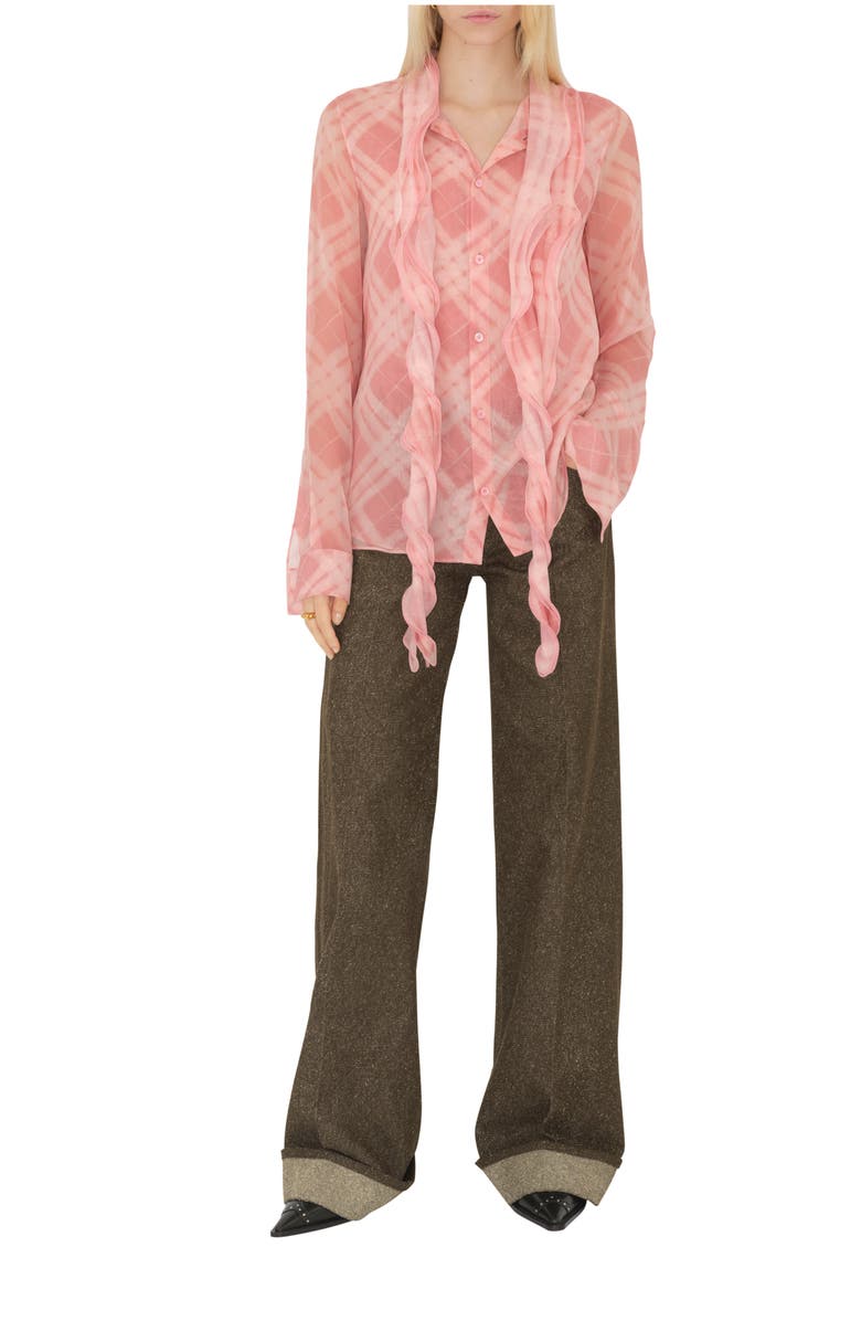 Burberry Ruffled Check Silk Blouse, Main, color, Candy