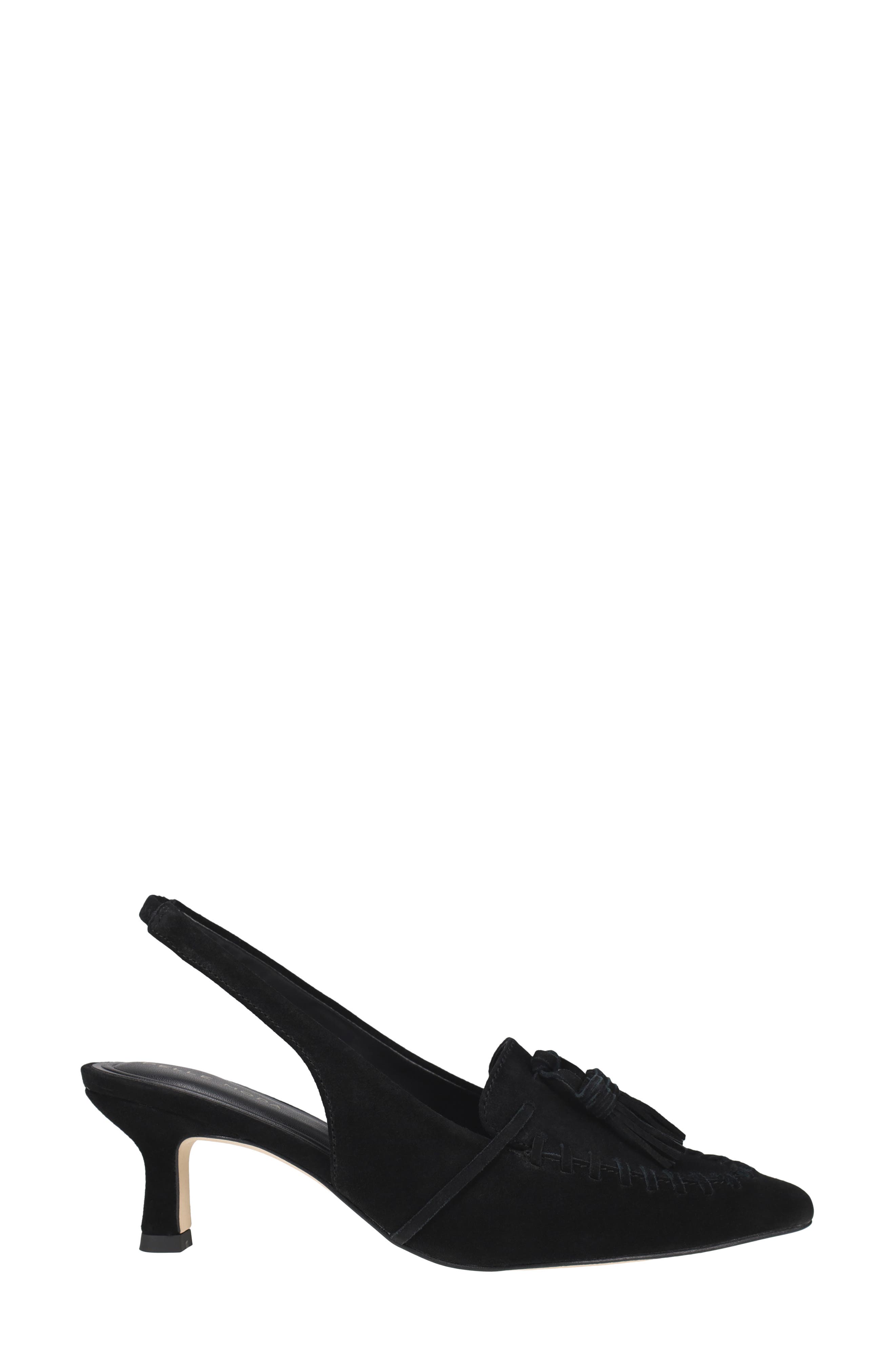 Kesia Slingback Pointed Toe Kitten Heel Tassel Loafer Pump, Alternate, color, BLACK