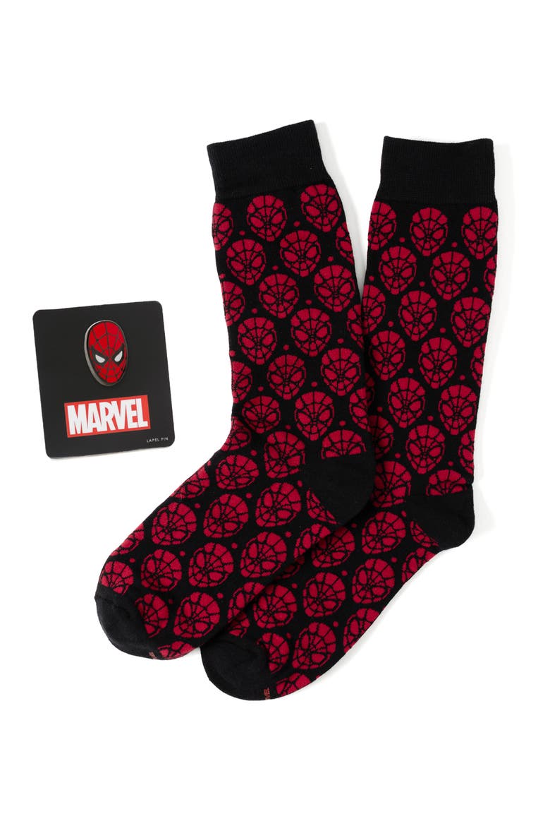 Spider-Man Crew Socks & Cuff Links Set, Main, color, BLACK