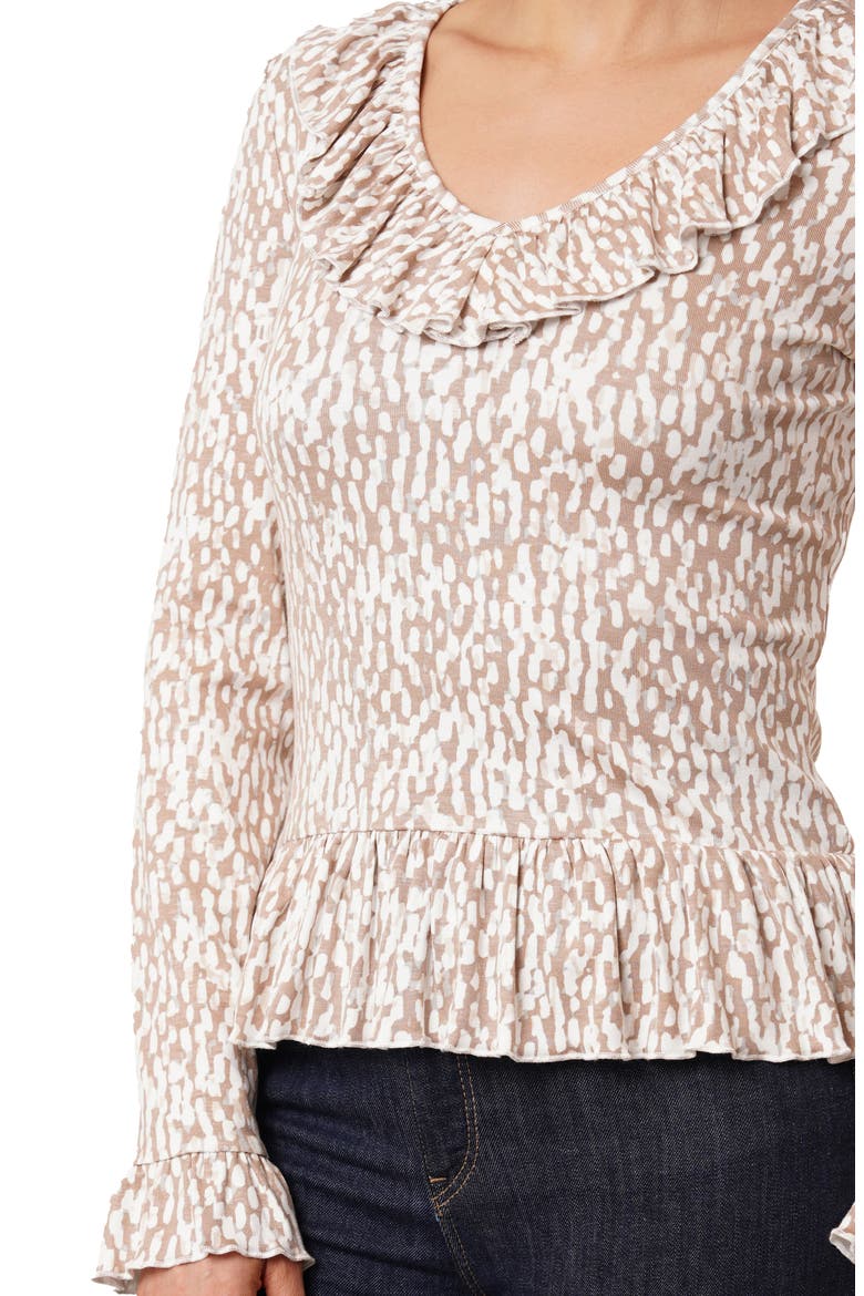 Ruffle V-Neck Long Sleeve Top, Alternate, color, KALI PRINT TAUPE