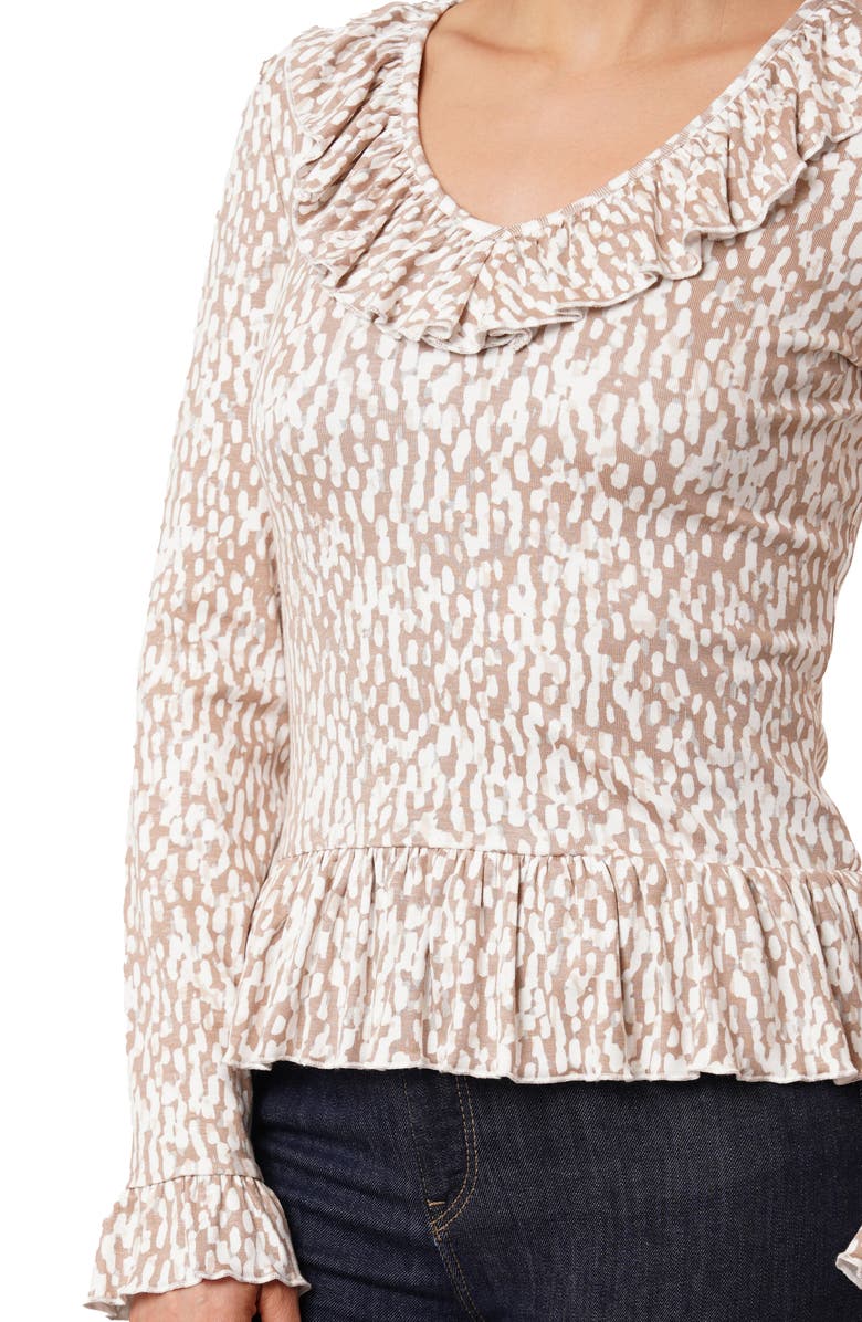 SUNNY LEIGH Ruffle V-Neck Long Sleeve Top, Alternate, color, Kali Print Taupe