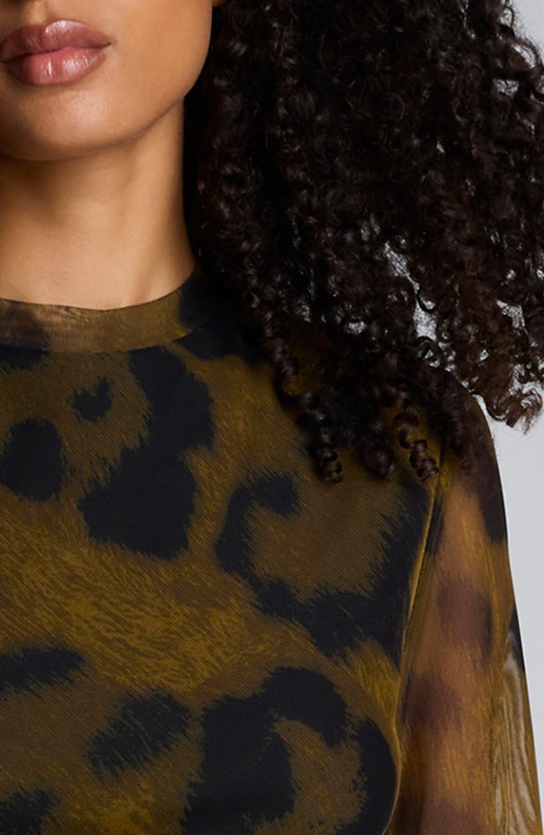 Kenneth Cole Print Knot Long Sleeve Mesh Midi Dress, Alternate, color, Olive Green Multi