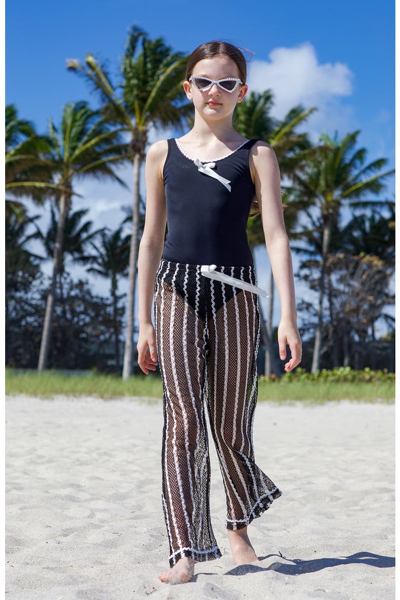 Striped Mesh Beach Trousers with Ribbon Tie, Alternate, color, Black