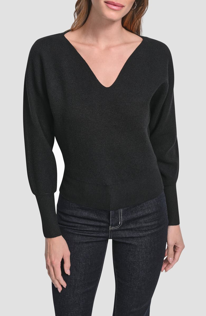 DKNY V-Neck Dolman Sleeve Sweater, Main, color, Black