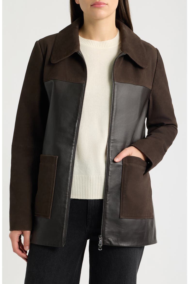 Mixed Media Leather & Suede Shirt Jacket, Alternate, color, DARK BROWN