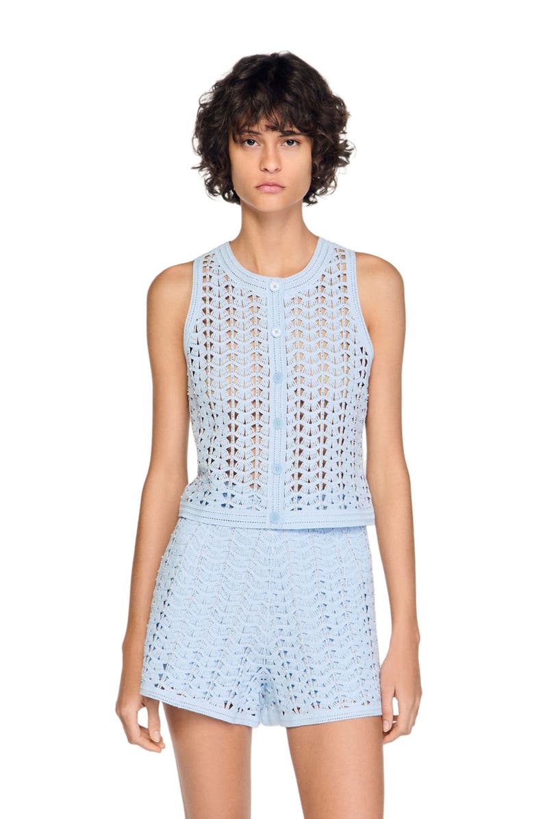 SANDRO Beaded crochet cardigan, Main, color, Sky Blue