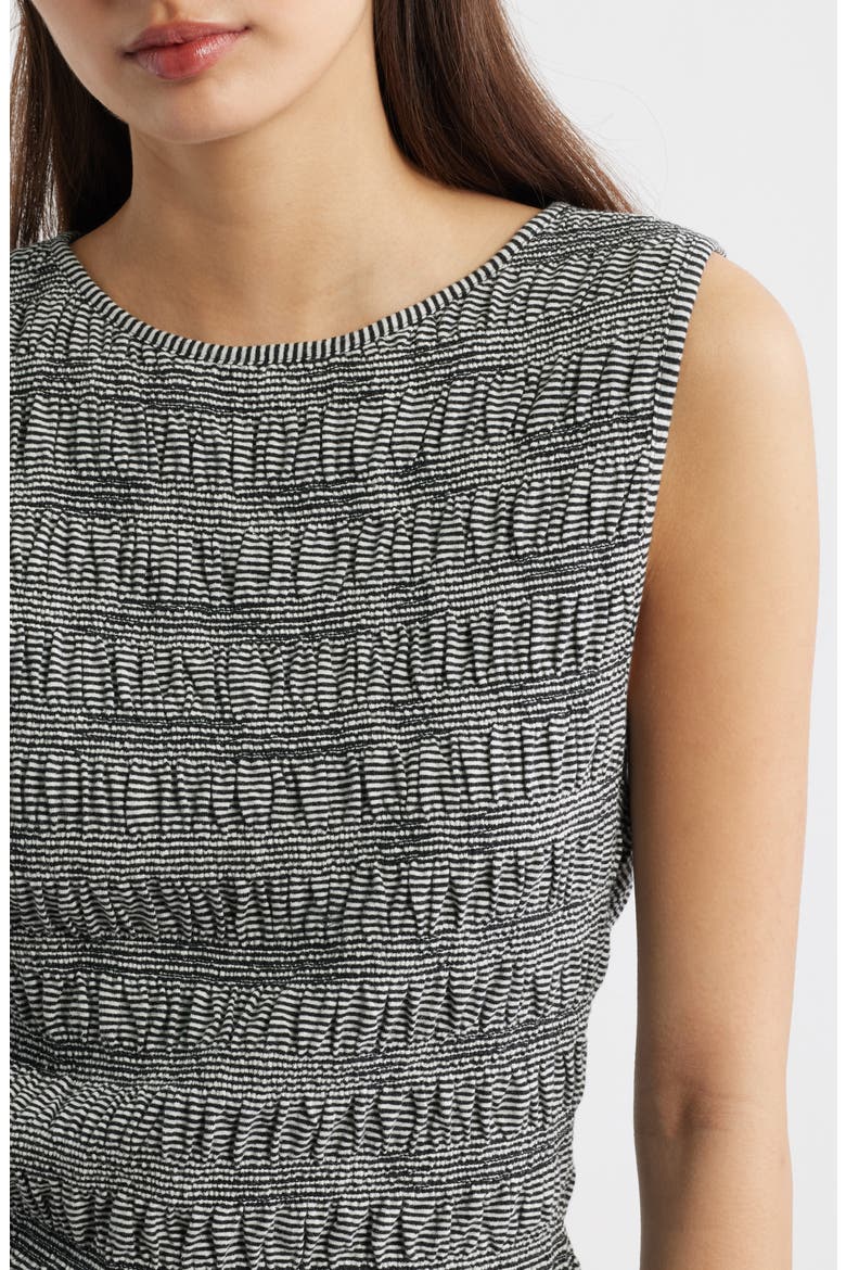 Smocked Bateau Neck Cotton & Linen Tank, Alternate, color, JET BLACK