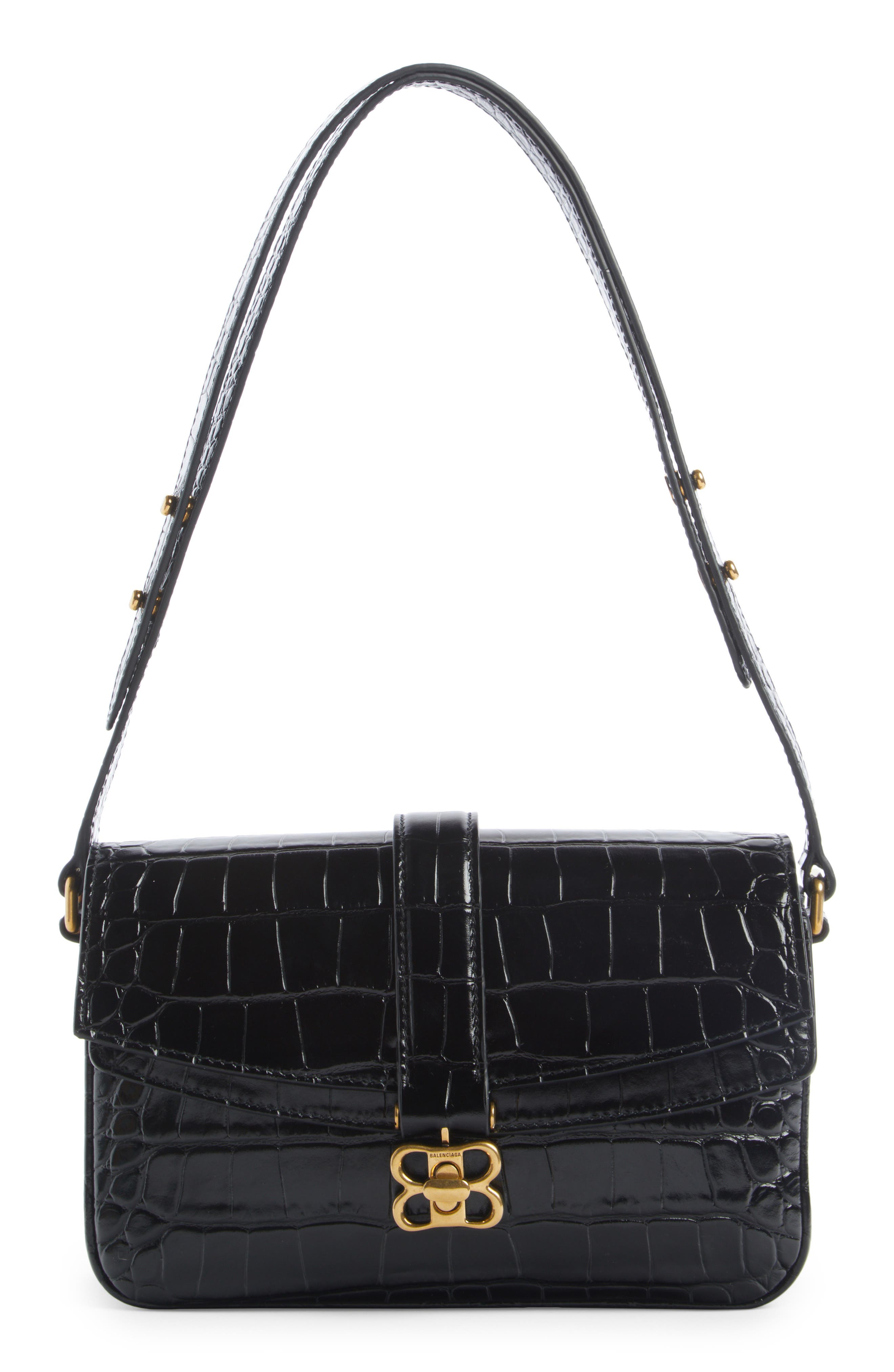 Balenciaga Small Croc Embossed Leather Shoulder Bag, Main, color, 